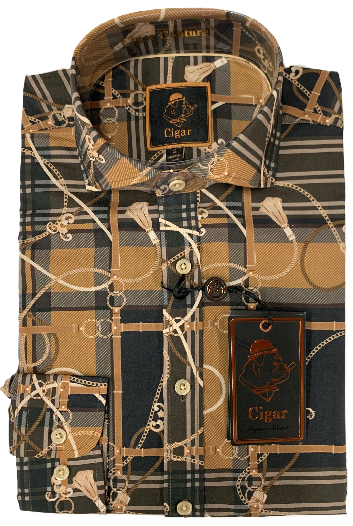 Cigar Couture Signature Print Dress Shirt M-1851-BROWN