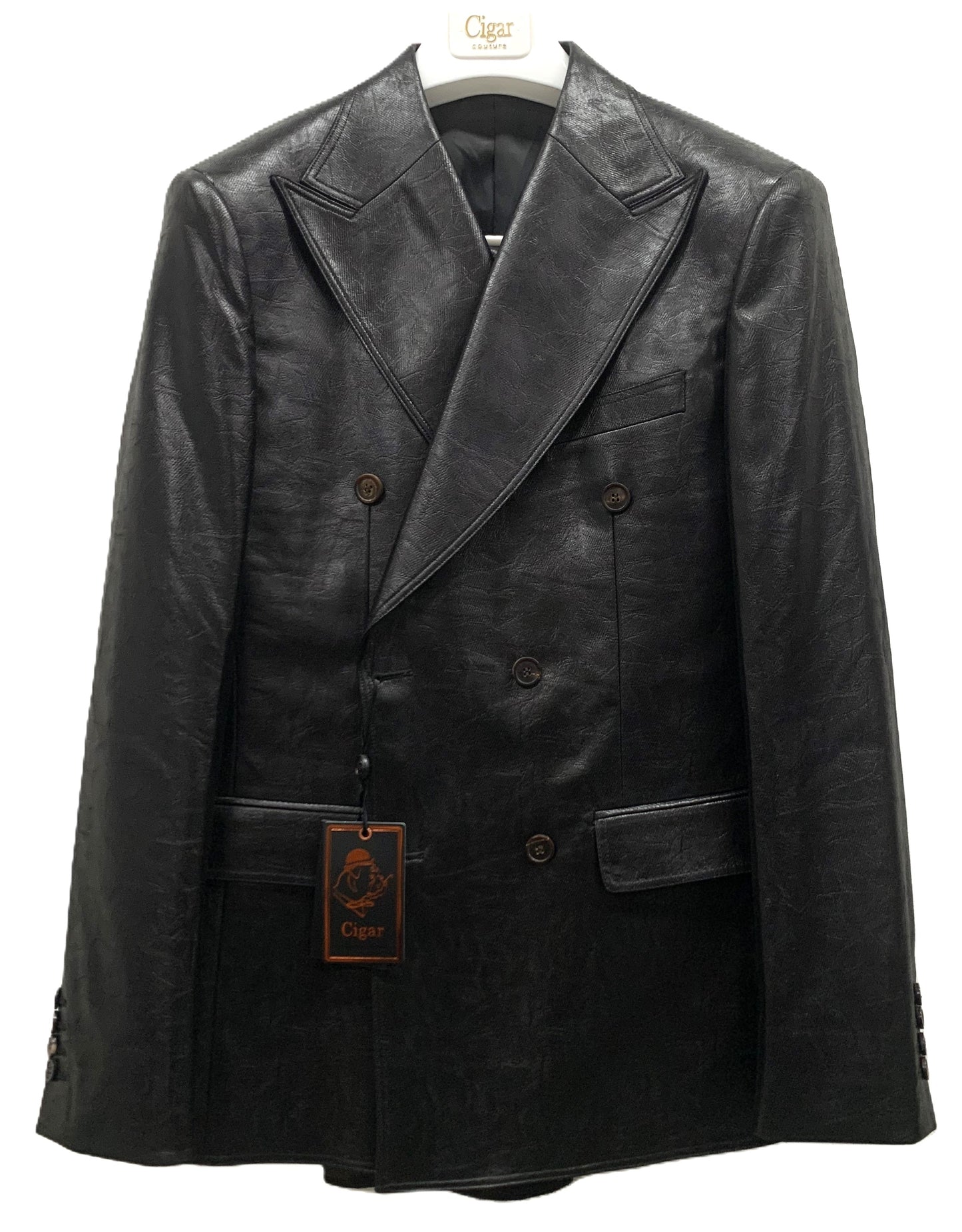 Cigar Jacket Set Style #ST-7021-BLACK – Double Breasted Leather Suit