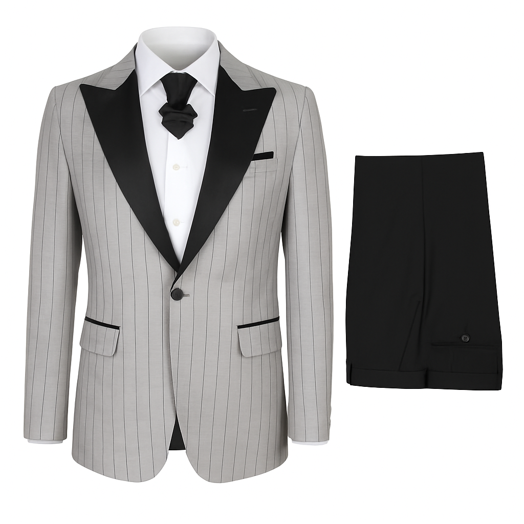 Sergio Valentino Silver Pinstripe Peak Lapel Tuxedo Black Pant