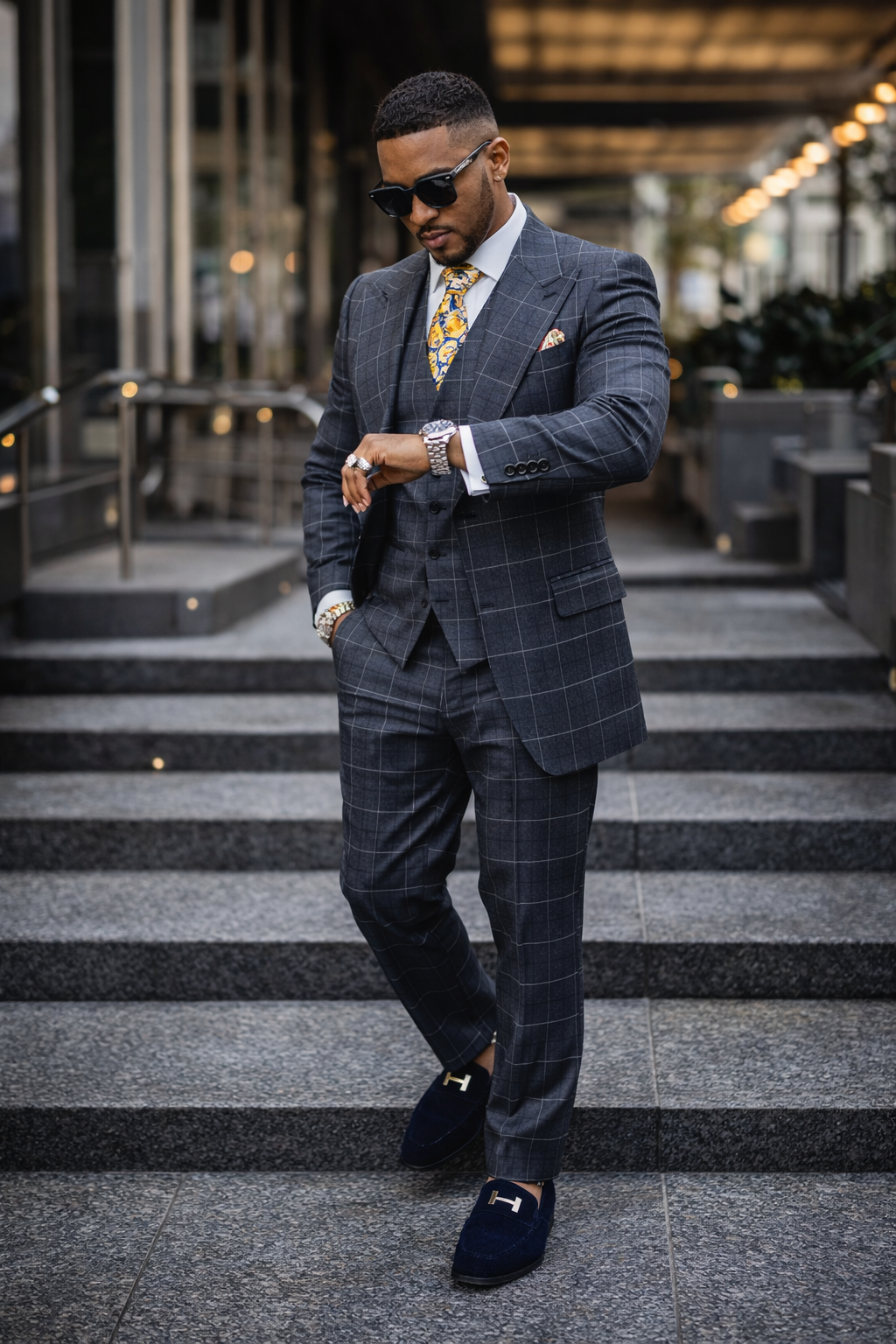 SAM RM2312 Three Piece Suit with Paisley Tie and Navy Suede Loafers