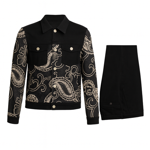 Cigar Jacket Set BRX-712 BLACK – Paisley Embroidered Set