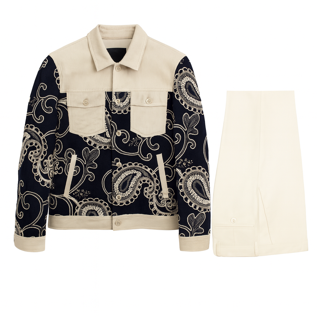 Cigar Jacket Set BRX-712 INDIGO – Paisley Embroidered Set