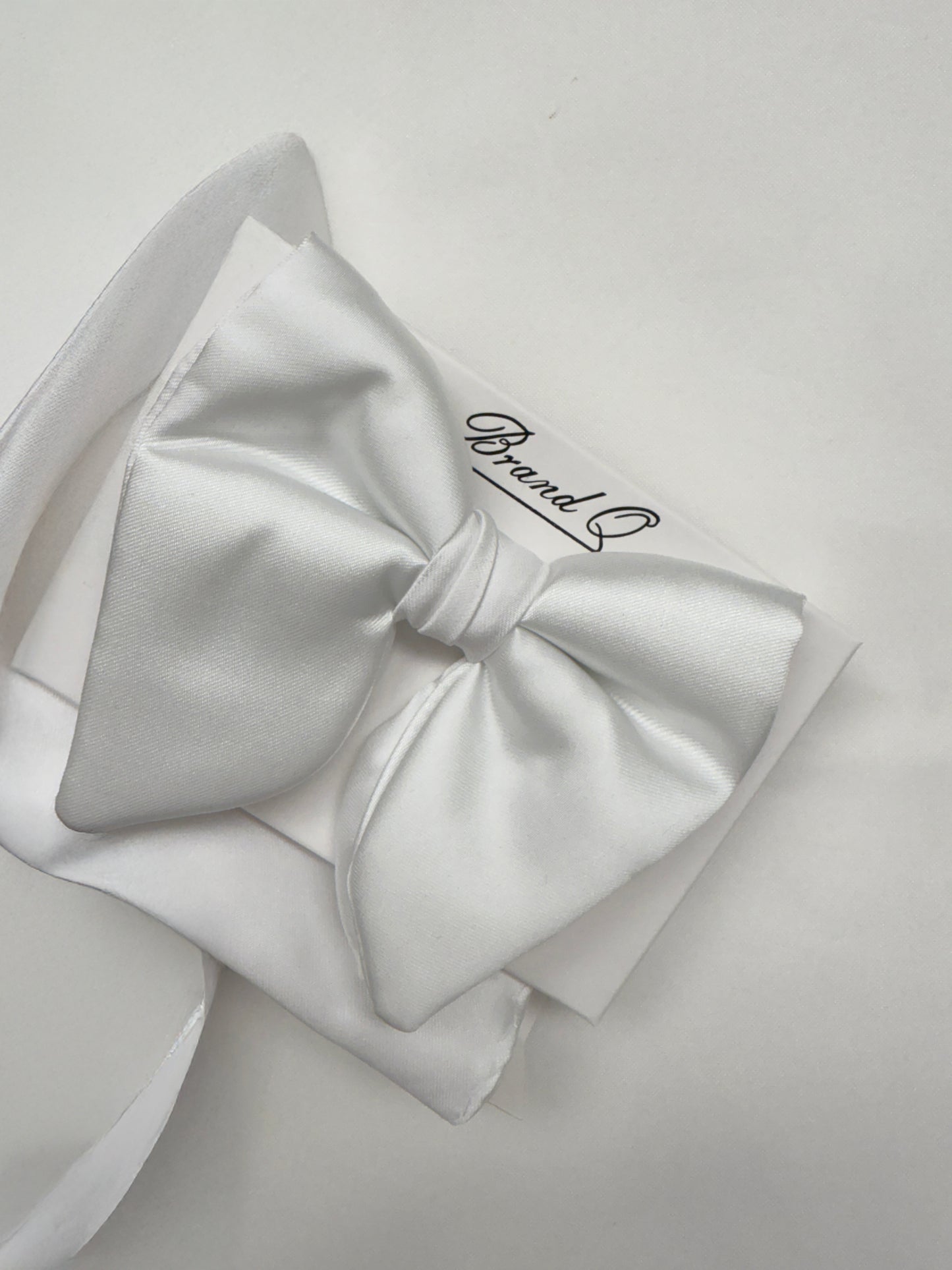 Long Bowtie and Pocket Square Set Silk White