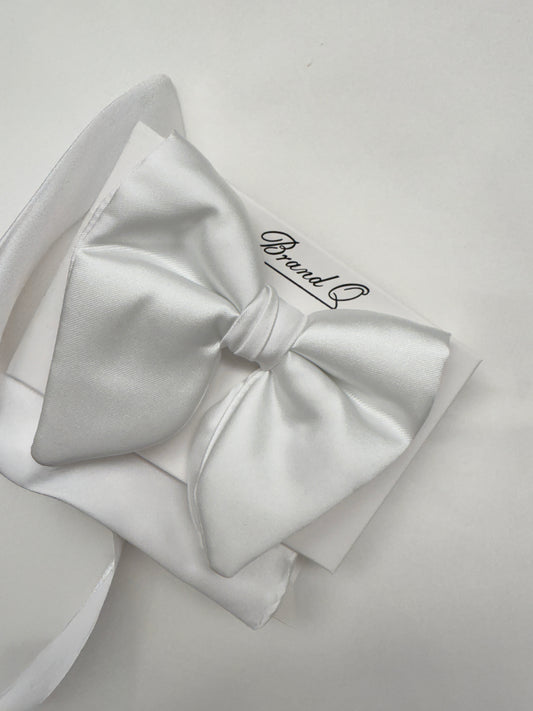 Long Bowtie and Pocket Square Set Silk White