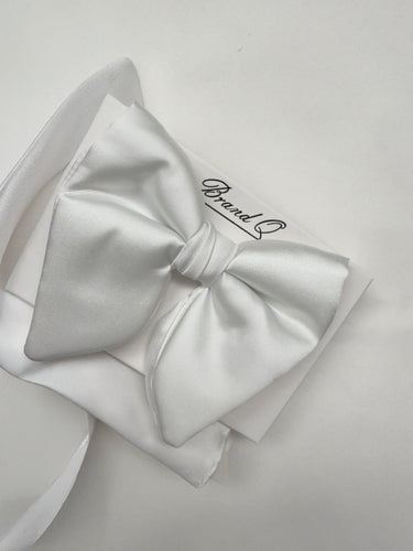 Long Bowtie and Pocket Square Set Silk White