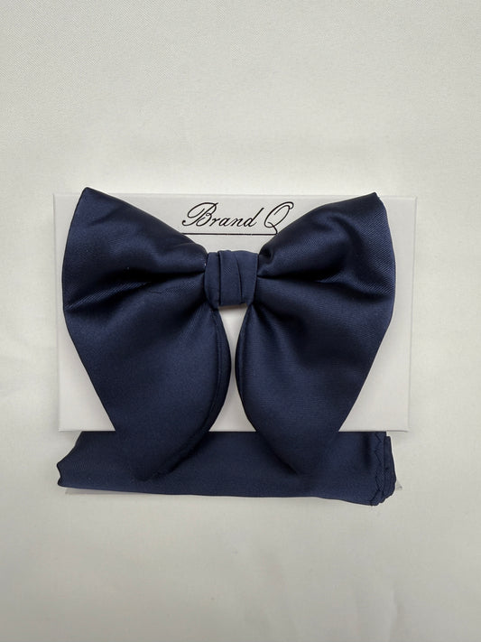Long Bowtie and Pocket Square Set Silk Navy