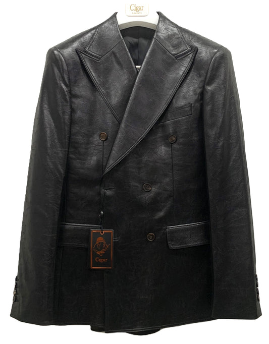 Cigar Jacket Set Style #ST-7021-BLACK – Double Breasted Leather Suit