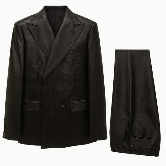 Cigar Jacket Set Style #ST-7021-BLACK – Double Breasted Leather Suit