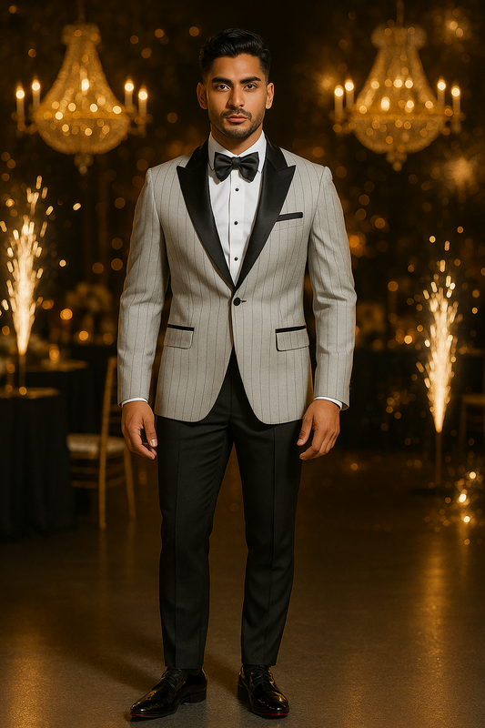 Sergio Valentino Silver Pinstripe Peak Lapel Tuxedo Black Pant