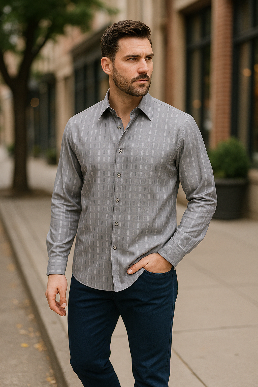 Silver Bassiri Shirt with Navy Prestige Jeans