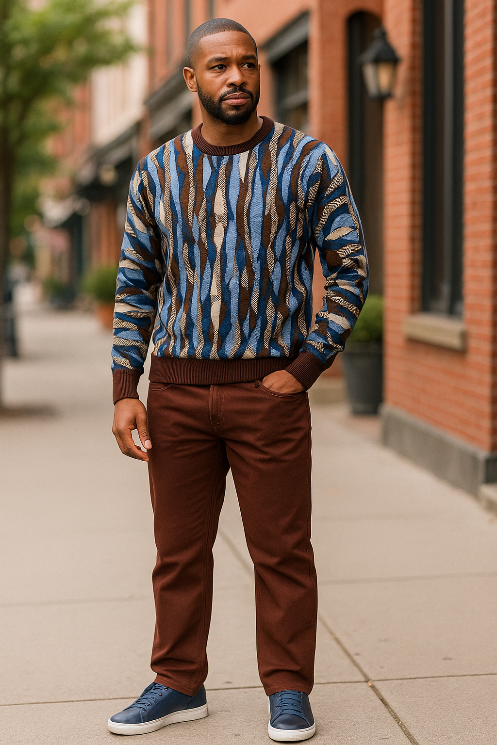 Cigar Knit Sweater with Brown Stretch Jeans