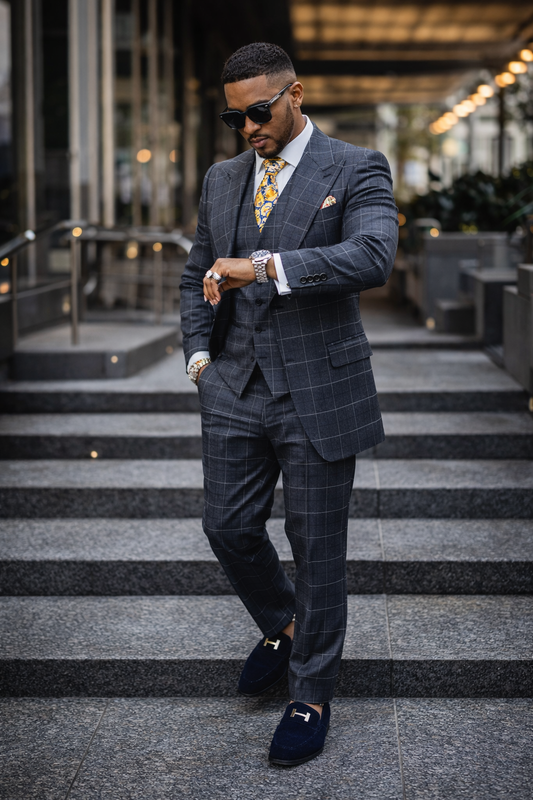 SAM RM2312 Three Piece Suit with Paisley Tie and Navy Suede Loafers